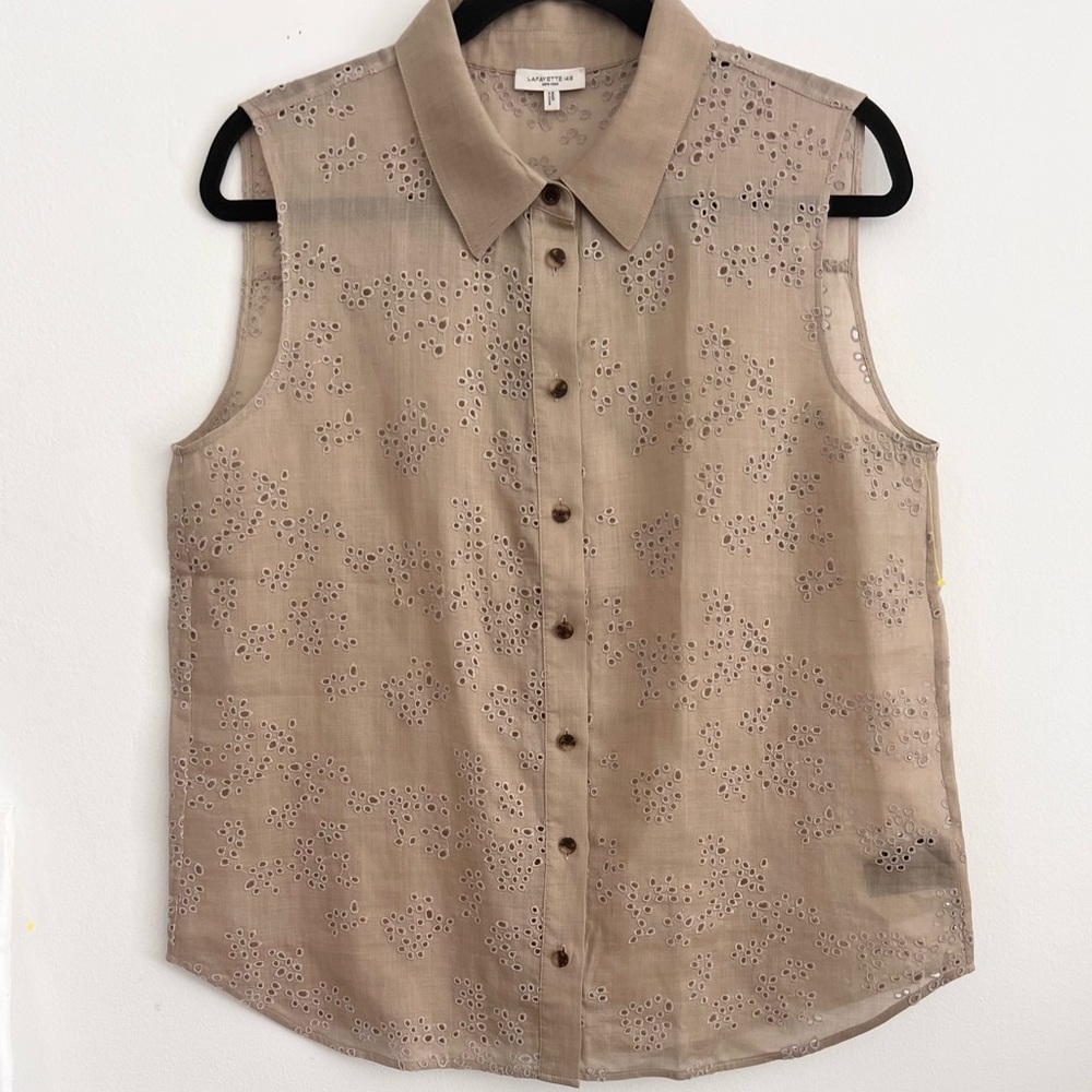 Lafayette 148 Gemma Semi-Sheer Ramie Buttondown Shirt Eyelet - LARGE